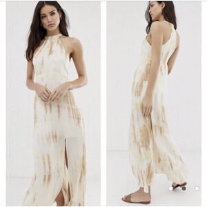 Stradivarius Women Tan Yellow Tie Dye Halter Maxi Dress Sz M High Neck Slit NWT